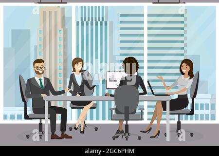 Group of business people sit at the table,cartoon businessman and businesswomen communicate, Stock Vector