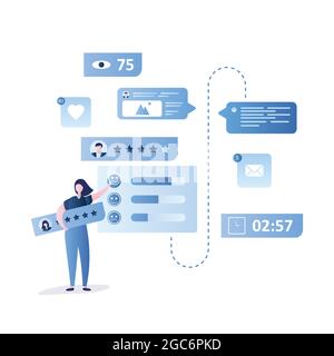 Social Rating, Visual Communication,Female with plank,speech bubbles and web signs Stock Vector