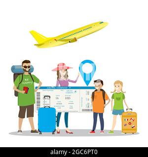 Family travellers with baggage and big boarding pass,funny vacation concept,yellow airplane takeoff, Stock Vector