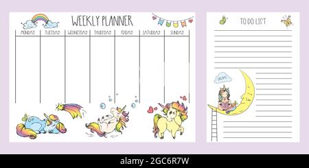 Weekly planner and to do list with cute hand drawn unicorns,adorable fairy tail animals Stock Vector