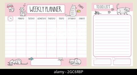 Weekly planner template and to do list with different cute cats,adorable pets, Stock Vector