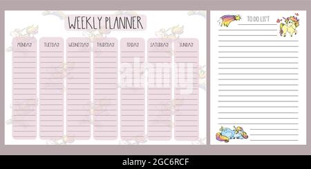 Weekly planner and to do list with cute unicorns,adorable fairy tail horse, Stock Vector