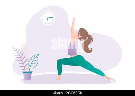 Happy girl in yoga pose,Warrior Pose or Virabhadrasana asana in hatha yoga Stock Vector