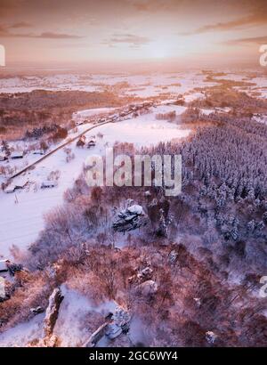 Poland, Subcarpathia, Odrzykon, Aerial view of ruins of Kamieniec Castle in winter Stock Photo