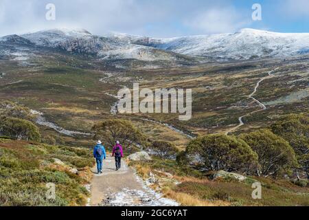 Australia, New South Wales, Two people hiking on trail at Charlotte Pass in Kosciuszko National Park Stock Photo