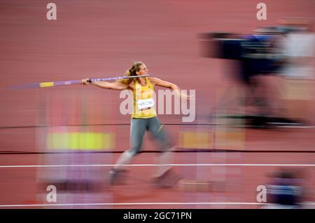 Tokyo, Japan. 06th Aug, 2021. Christin HUSSONG (GER), action, blurred, athletics, women's javelin final, women's javelin throw final, on 06.08.2021 Summer Olympics 2020, from 23.07. - 08.08.2021 in Tokyo/Japan. Credit: dpa/Alamy Live News Stock Photo