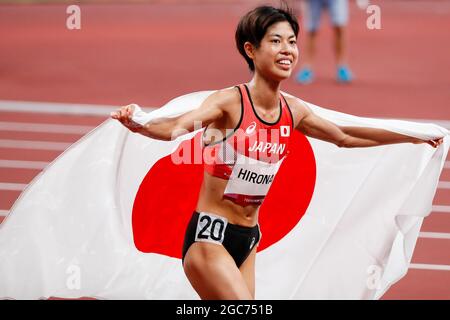 Tokyo, Japan. 07th Aug, 2021. Ririka Hironaka of Japan celebrates after competing in the Women's 10,000 meter final at Olympic Stadium during the 2020 Summer Olympics in Tokyo, Japan on Saturday, August 7, 2021. Sifan Hassan of the Netherlands took gold with a time of 29:55.32, Kalkidan Gezahegne of Bahrain took silver with a time of 29:56.18 and Letesenbet Gidey of Ethiopia took bronze with a time of 30:01.72. Photo by Tasos Katopodis/UPI Credit: UPI/Alamy Live News Stock Photo