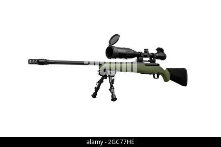 A modern bolt-action sniper rifle with a telescopic sight sits on a bipod. Weapon for long-range shooting. Armament of the army police and special for Stock Photo