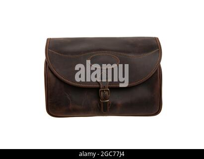 Brown leather bag with metal clasp. Isolate on a white background. Stock Photo