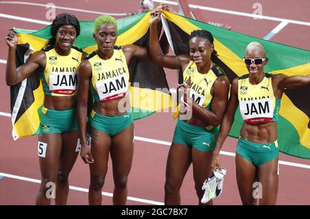 Tokyo, Japan. 07th Aug, 2021. Jamaica's team celebrates winning the Bronze medal in the Women's 4 X 400m Final with a time of 3:21.24 at the Olympic Stadium during the 2020 Summer Olympics in Tokyo, Japan on Saturday, August 7, 2021. Photo by Bob Strong/UPI Credit: UPI/Alamy Live News Stock Photo