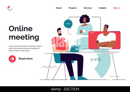 Business concept flat style outline vector illustration on the subject of online meeting, group discussion, video conference. Editable stroke Stock Vector