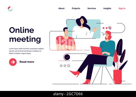 Business concept flat style outline vector illustration on the subject of online meeting, group discussion, video conference. Editable stroke Stock Vector