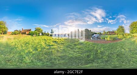 360 degree panoramic view of Irstead Shoals Staithe public moorings on the River Ant in the Norfolk Broads National Park. Captured early morning just after sunrise.