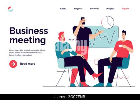 Business concept flat style outline vector illustration on the subject of office meeting, teamwork, group discussion. Editable stroke Stock Vector