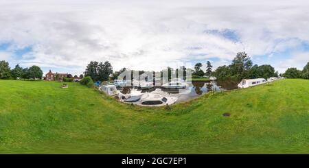 360 degree panoramic view of The public moorings on the River Ant at Sutton Staithe in the heart of the Norfolk Broads.