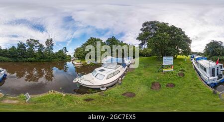 360 degree panoramic view of The public moorings on the River Ant at Sutton Staithe in the heart of the Norfolk Broads.