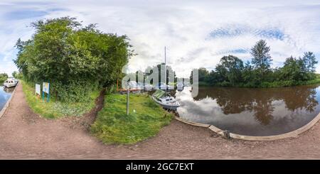 360 degree panoramic view of The public moorings on the River Ant at Sutton Staithe in the heart of the Norfolk Broads.