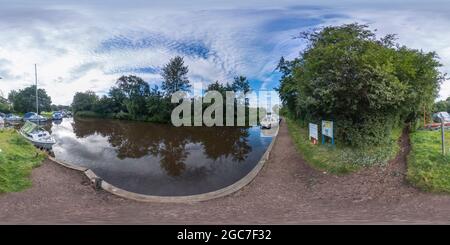 360 degree panoramic view of The public moorings on the River Ant at Sutton Staithe in the heart of the Norfolk Broads.