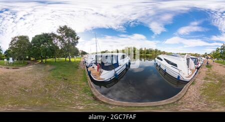 360 degree panoramic view of The public moorings on the River Ant at Womack Staithe in Ludham in the heart of the Norfolk Broads.