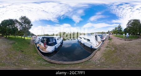 360 degree panoramic view of The public moorings on the River Ant at Womack Staithe in Ludham in the heart of the Norfolk Broads.