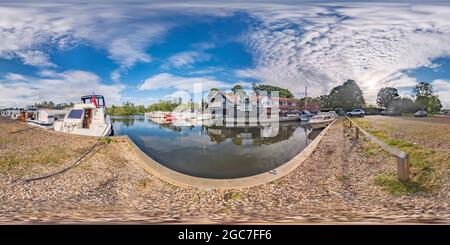 360 degree panoramic view of The public moorings on the River Ant at Womack Staithe in Ludham in the heart of the Norfolk Broads.