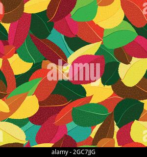 bright background, endless vector texture of autumn leaves of different colors, randomly arranged Stock Vector