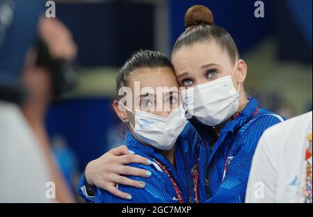 Tokyo, Japan. 7th Aug, 2021. Linoy Ashram (L) and Nicol Zelikman of Israel waits for score after the rhythmic gymnastics individual all-round final at Tokyo 2020 Olympic Games in Tokyo, Japan, Aug. 7, 2021. Credit: Cheng Min/Xinhua/Alamy Live News Stock Photo