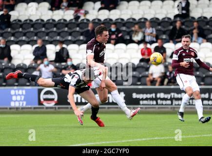 St Mirren's Joe Shaughnessy brought down by Hearts' John Souttar during the cinch Premiership match at The SMiSA Stadium, Paisley. Picture date: Saturday August 7, 2021. Stock Photo