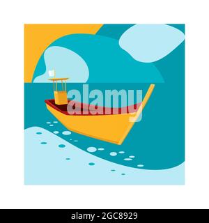 Wooden boat with oars vector illustration isolated on white background. Speed boat at sea, view from side Stock Vector