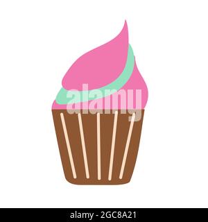 Colored cupcake in a bowl with pink cream on an isolated background. Baking desserts. Tea time. Design elements. Unhealthy food. Flat illustration. Stock Vector