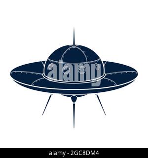 Spaceship Silhouette. Hand drawn spacecraft icon. UFO sketch template for logo, emblem, Web design, Print, Sticker, Card Stock Vector