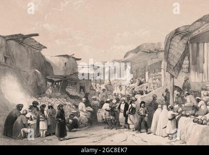 Afghans in a marketplace buying and selling fruit, Main street in the bazaar at Kabul, Afghanistan, First Anglo-Afghan War, sketch by James Atkinson, 1840, digitally optimized Stock Photo