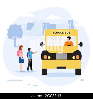 Vector illustration Back to school Children with schoolbags sit on the school bus. Elementary school pupil. Schoolboy, schoolgirl boarding into transp Stock Vector
