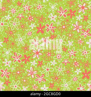 Retro tropical ditsy scribbled doodle flower vector seamless pattern background. Dense millefleur style hand drawn florals green orange backdrop. 1970 Stock Vector