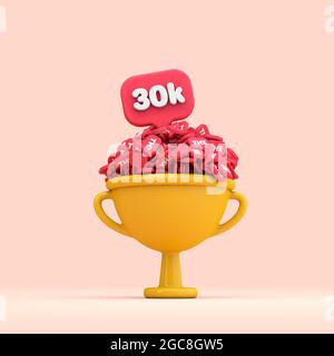 Thank you 30k social media followers celebration trophy. 3D render Stock Photo