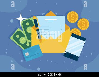 envelope and money financial icons Stock Vector