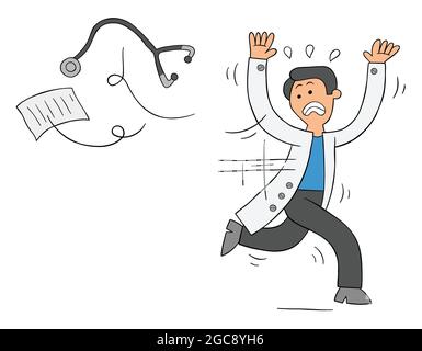 Cartoon doctor or vet is scared, throws stethoscope and papers and runs away, vector illustration. Colored and black outlines. Stock Vector