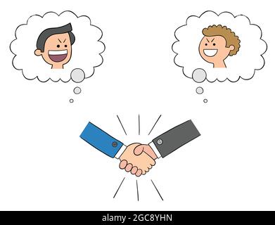 Cartoon two businessmen shake hands and get along, but both are sneaky, vector illustration. Colored and black outlines. Stock Vector