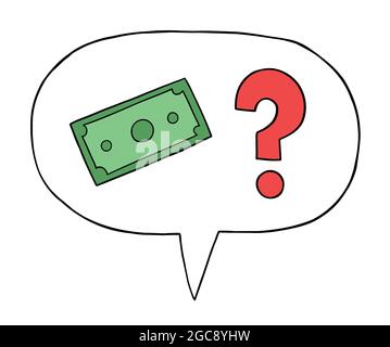 Cartoon speech bubble, money and question mark, vector illustration. Colored and black outlines. Stock Vector