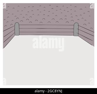 Cartoon boxing ring and fans, vector illustration. Colored and black outlines. Stock Vector