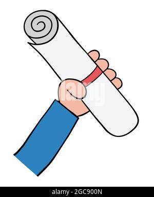 Cartoon holding a diploma or certificate, vector illustration. Colored and black outlines. Stock Vector