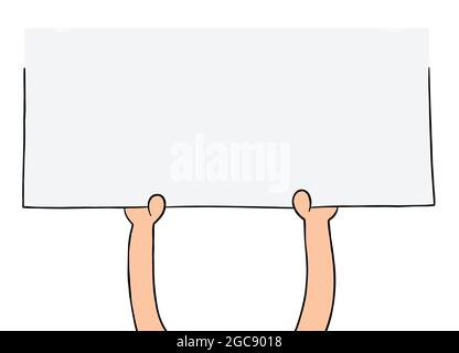 Cartoon holding up blank signboard, vector illustration. Colored and black outlines. Stock Vector