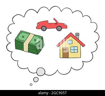 Cartoon man dreams of money, house and luxury car, vector illustration. Colored and black outlines. Stock Vector