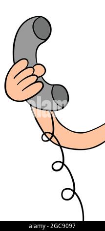 Cartoon holding landline phone, vector illustration. Colored and black outlines. Stock Vector