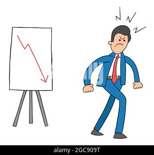 Cartoon sales graph goes down and the businessman leaves very angry, vector illustration. Colored and black outlines. Stock Vector
