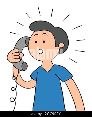 Cartoon man talking on landline phone and surprised, vector illustration. Colored and black outlines. Stock Vector