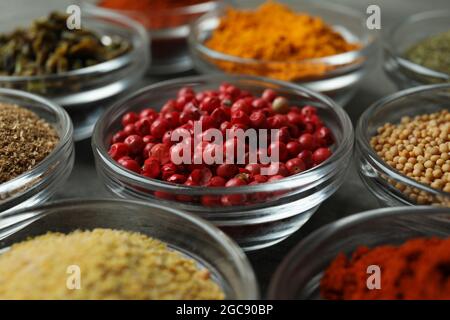 Set of different spices in glass bowls Stock Photo