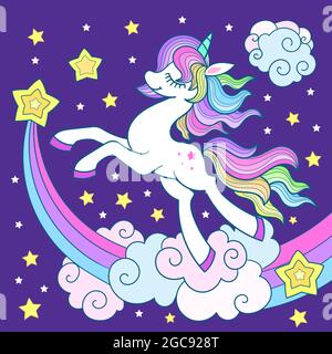 The cute unicorn pony is jumping with the stars. Children's vector illustration. Stock Vector