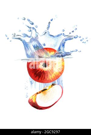 Fresh apples falling into water isolated on white background. Watercolor hand drawn illustration Stock Photo