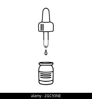 A pharmacy bottle with an eyedropper. Vector illustration. Doodle. Suitable for use on the Internet, print or advertising. Stock Vector